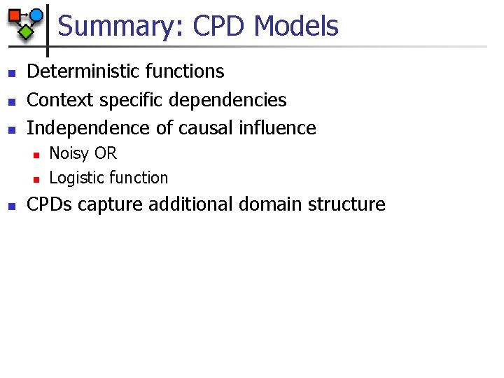 Summary: CPD Models n n n Deterministic functions Context specific dependencies Independence of causal