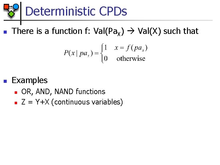 Deterministic CPDs n There is a function f: Val(Pa. X) Val(X) such that n