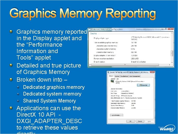Graphics Memory Reporting Graphics memory reported in the Display applet and the “Performance Information