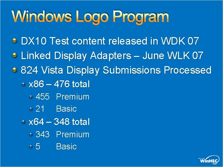 Windows Logo Program DX 10 Test content released in WDK 07 Linked Display Adapters