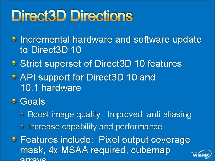 Direct 3 D Directions Incremental hardware and software update to Direct 3 D 10