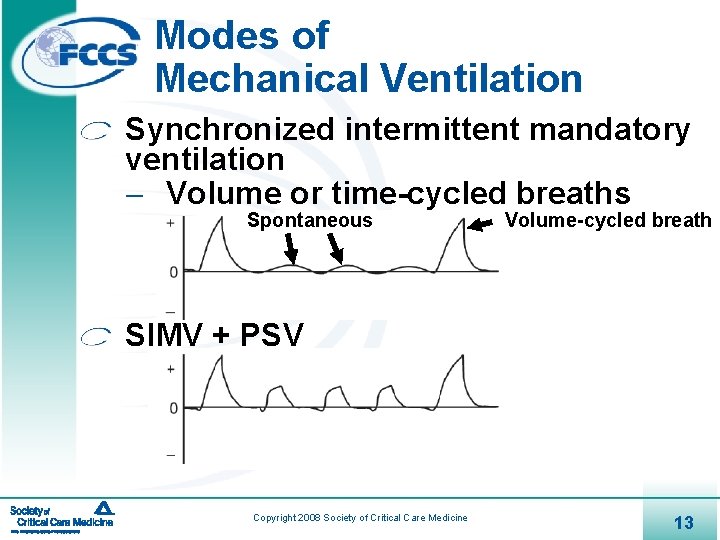 Modes of Mechanical Ventilation Synchronized intermittent mandatory ventilation - Volume or time-cycled breaths Spontaneous