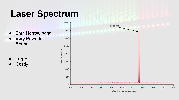 Laser Spectrum ● Emit Narrow band ● Very Powerful Beam ● Large ● Costly