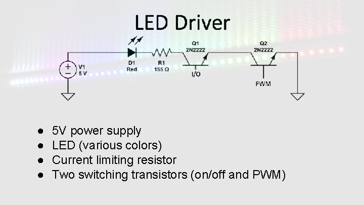 ● ● 5 V power supply LED (various colors) Current limiting resistor Two switching