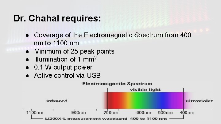 Dr. Chahal requires: ● Coverage of the Electromagnetic Spectrum from 400 nm to 1100