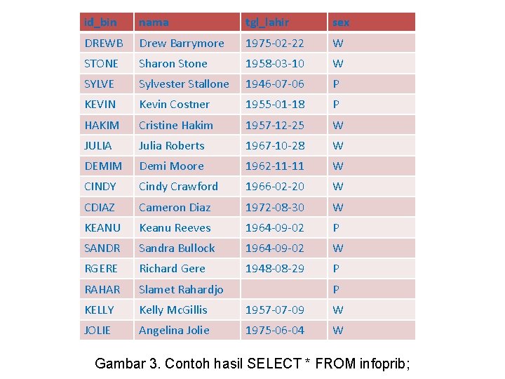 id_bin nama tgl_lahir sex DREWB Drew Barrymore 1975 -02 -22 W STONE Sharon Stone