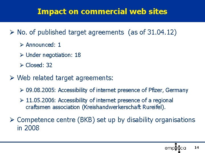 Impact on commercial web sites Ø No. of published target agreements (as of 31.