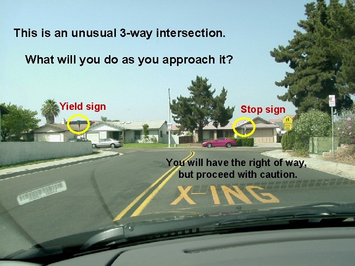 This is an unusual 3 -way intersection. What will you do as you approach