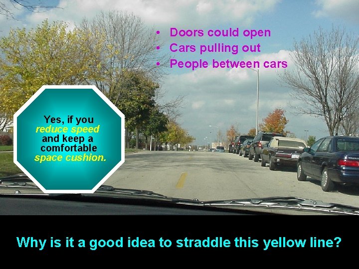  • Doors could open • Cars pulling out • People between cars Would