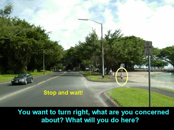 Stop and wait! You want to turn right, what are you concerned about? What