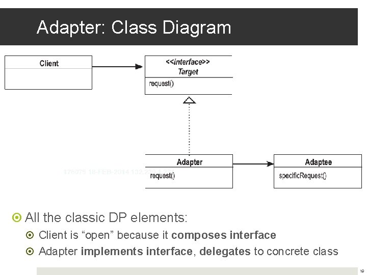 Adapter: Class Diagram All the classic DP elements: Client is “open” because it composes