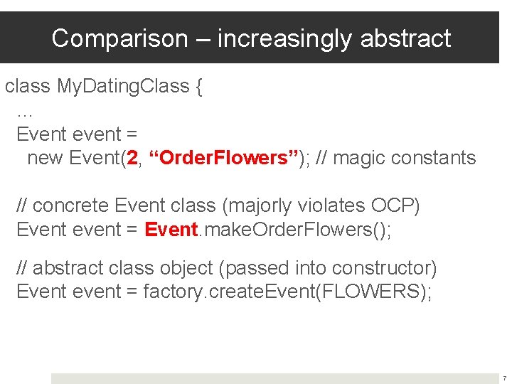 Comparison – increasingly abstract class My. Dating. Class { … Event event = new