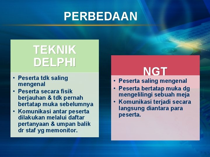 PERBEDAAN TEKNIK DELPHI • Peserta tdk saling mengenal • Peserta secara fisik berjauhan &