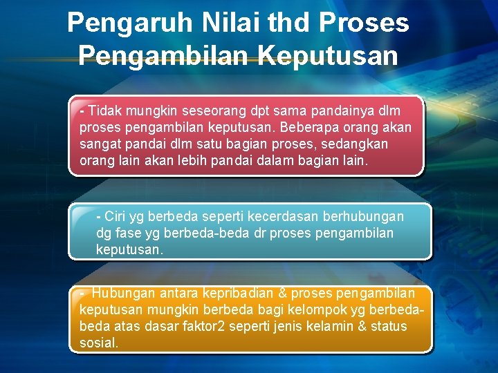 Pengaruh Nilai thd Proses Pengambilan Keputusan - Tidak mungkin seseorang dpt sama pandainya dlm