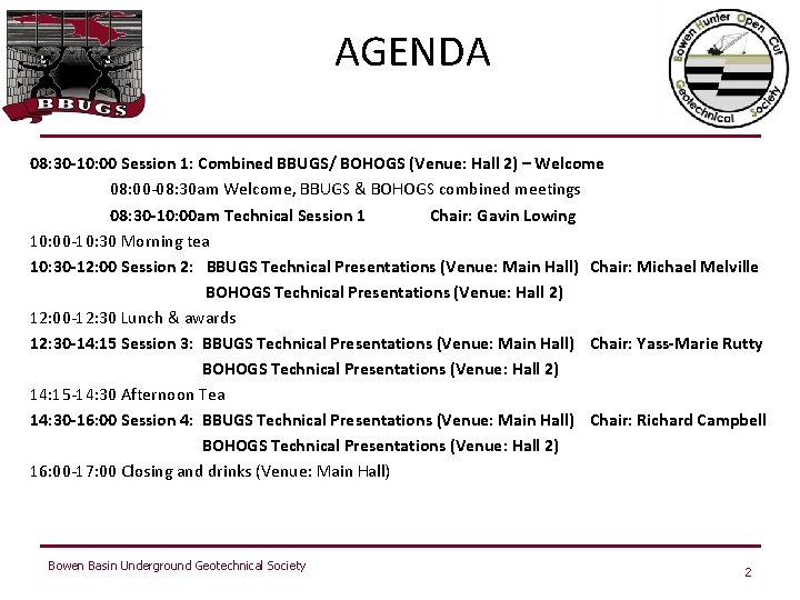 AGENDA 08: 30 -10: 00 Session 1: Combined BBUGS/ BOHOGS (Venue: Hall 2) –