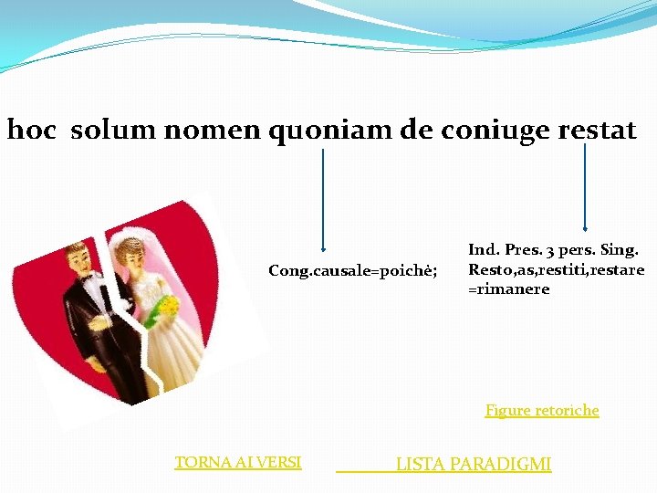 hoc solum nomen quoniam de coniuge restat Cong. causale=poichè; Ind. Pres. 3 pers. Sing.