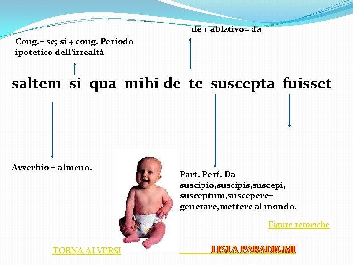 de + ablativo= da Cong. = se; si + cong. Periodo ipotetico dell’irrealtà saltem