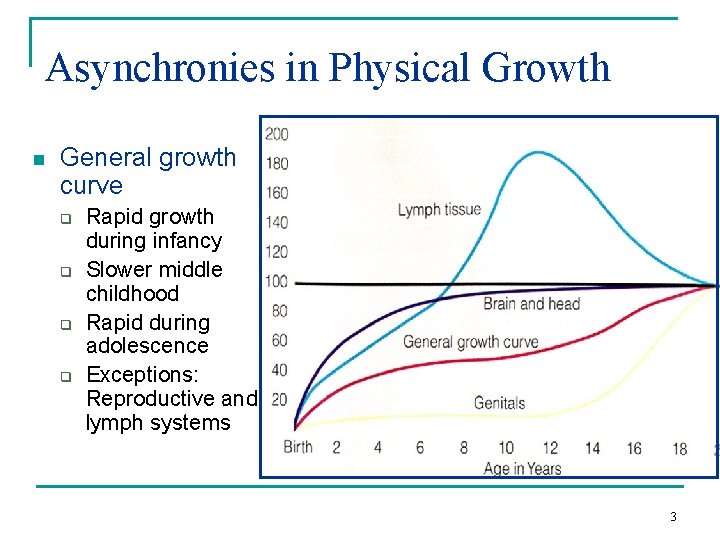 Asynchronies in Physical Growth n General growth curve q q Rapid growth during infancy