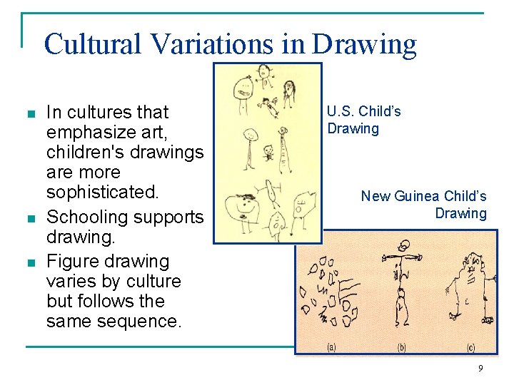 Cultural Variations in Drawing n n n In cultures that emphasize art, children's drawings