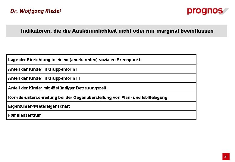 Dr. Wolfgang Riedel Indikatoren, die Auskömmlichkeit nicht oder nur marginal beeinflussen Lage der Einrichtung