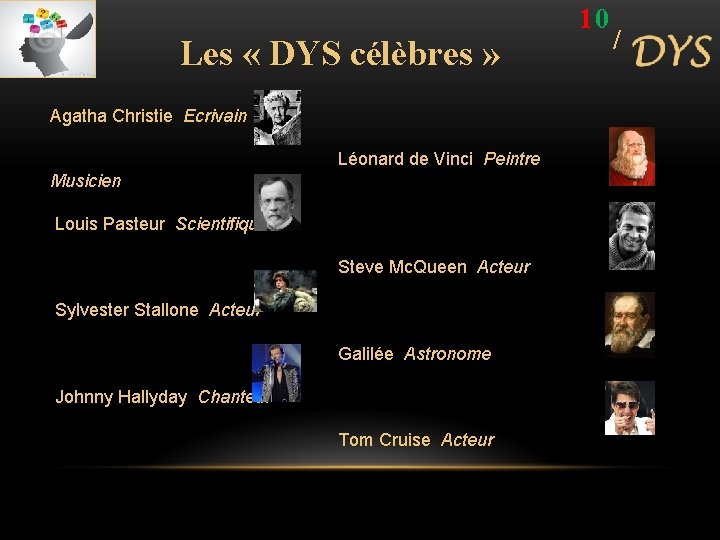 Les « DYS célèbres » Agatha Christie Ecrivain Léonard de Vinci Peintre Musicien Louis