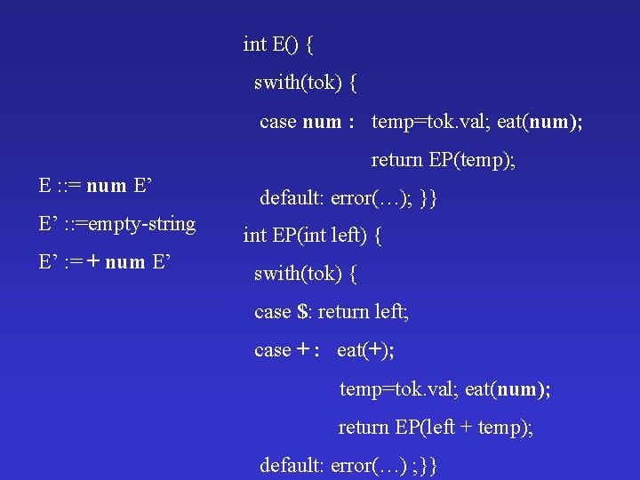 int E() { swith(tok) { case num : temp=tok. val; eat(num); return EP(temp); E