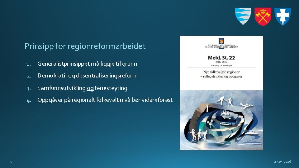 Prinsipp for regionreformarbeidet 5 1. Generalistprinsippet må liggje til grunn 2. Demokrati- og desentraliseringsreform