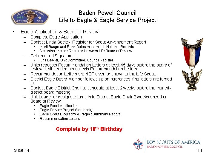 Baden Powell Council Life to Eagle & Eagle Service Project • Eagle Application &