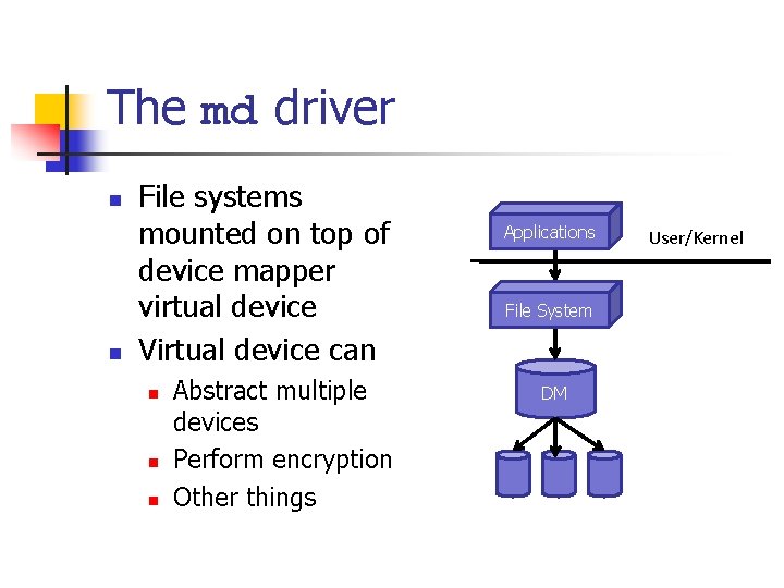 The md driver File systems mounted on top of device mapper virtual device Virtual