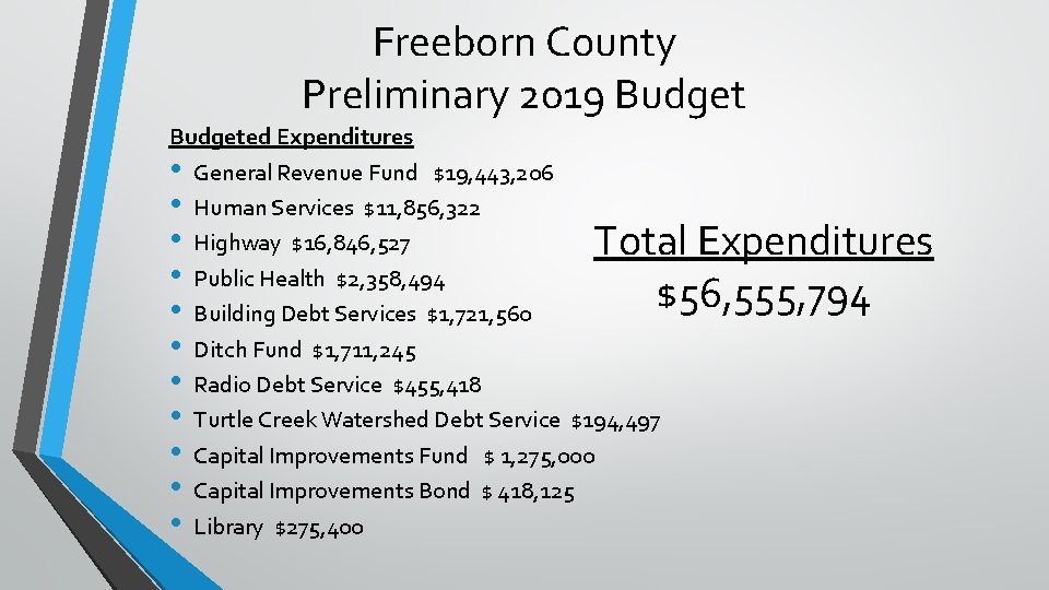 Freeborn County Preliminary 2019 Budgeted Expenditures • General Revenue Fund $19, 443, 206 •