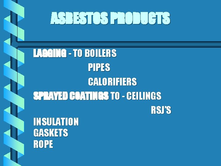 ASBESTOS PRODUCTS LAGGING - TO BOILERS PIPES CALORIFIERS SPRAYED COATINGS TO - CEILINGS RSJ’S