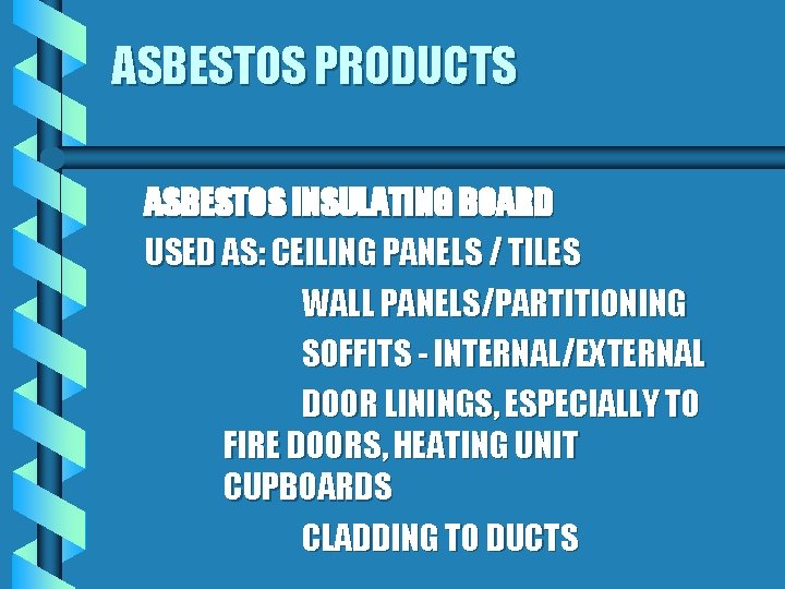 ASBESTOS PRODUCTS ASBESTOS INSULATING BOARD USED AS: CEILING PANELS / TILES WALL PANELS/PARTITIONING SOFFITS