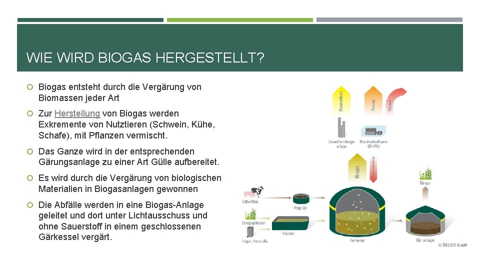 WIE WIRD BIOGAS HERGESTELLT? Biogas entsteht durch die Vergärung von Biomassen jeder Art Zur