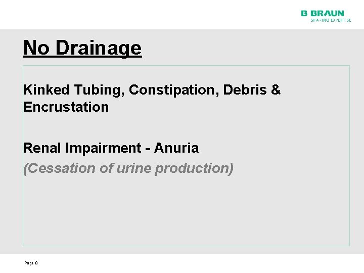 No Drainage Kinked Tubing, Constipation, Debris & Encrustation Renal Impairment - Anuria (Cessation of