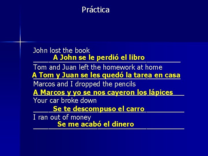 Práctica John lost the book A John se le perdió el libro ____________________ Tom