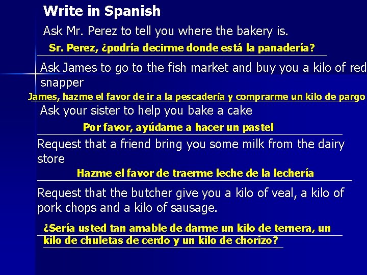 Write in Spanish Ask Mr. Perez to tell you where the bakery is. Sr.