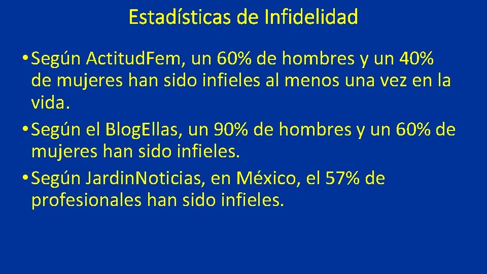 Estadísticas de Infidelidad • Según Actitud. Fem, un 60% de hombres y un 40%