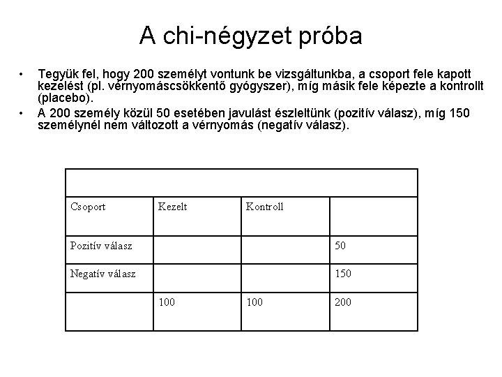 A chi-négyzet próba • • Tegyük fel, hogy 200 személyt vontunk be vizsgáltunkba, a