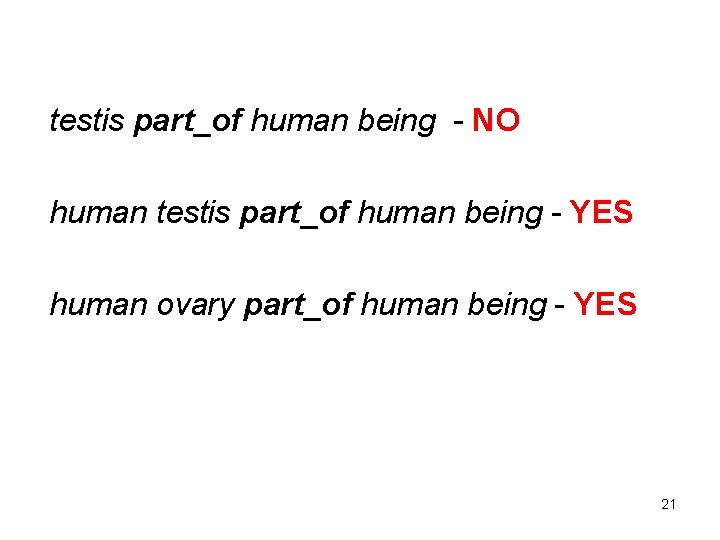 testis part_of human being - NO human testis part_of human being - YES human