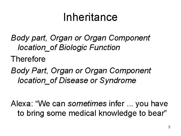 Inheritance Body part, Organ or Organ Component location_of Biologic Function Therefore Body Part, Organ