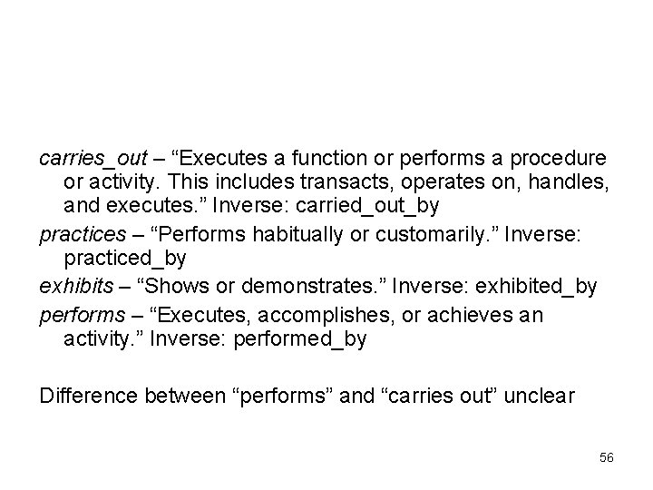 carries_out – “Executes a function or performs a procedure or activity. This includes transacts,