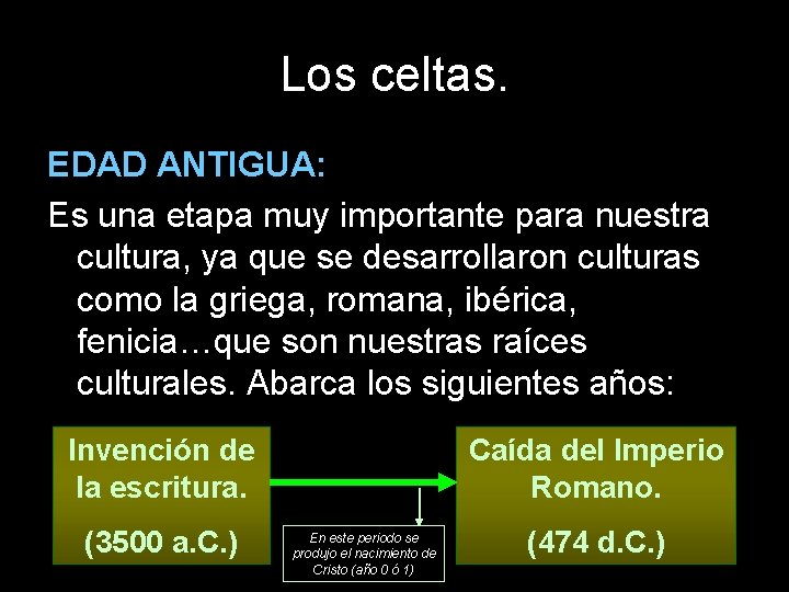 Los celtas. EDAD ANTIGUA: Es una etapa muy importante para nuestra cultura, ya que