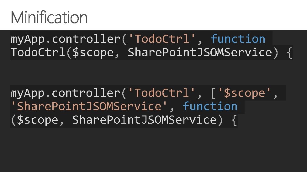 my. App. controller('Todo. Ctrl', function Todo. Ctrl($scope, Share. Point. JSOMService) { my. App. controller('Todo.