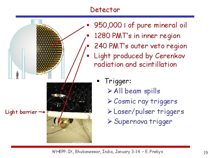 Detector § § Light barrier 950, 000 l of pure mineral oil 1280 PMT’s
