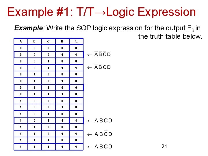 Example #1: T/T→Logic Expression Example: Write the SOP logic expression for the output F