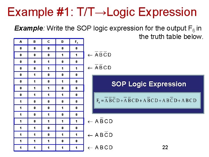 Example #1: T/T→Logic Expression Example: Write the SOP logic expression for the output F