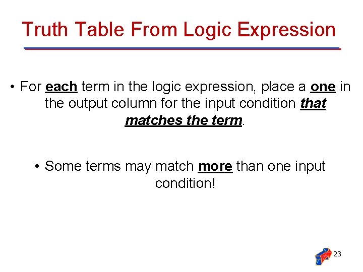 Truth Table From Logic Expression • For each term in the logic expression, place