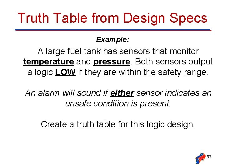 Truth Table from Design Specs Example: A large fuel tank has sensors that monitor