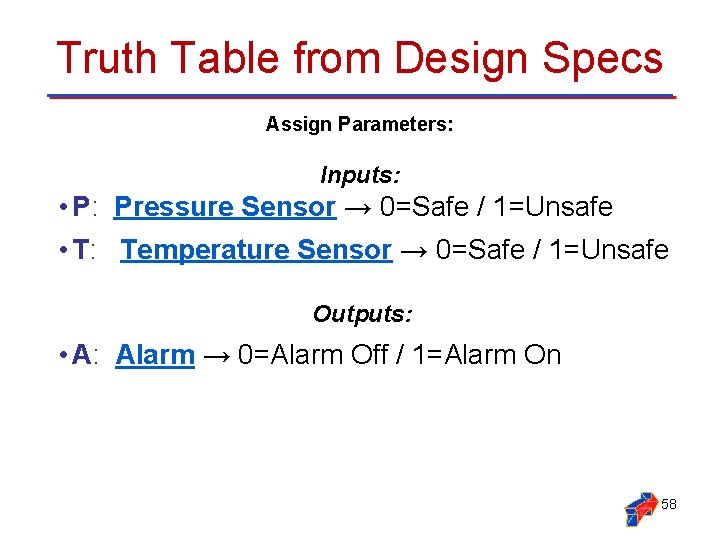 Truth Table from Design Specs Assign Parameters: Inputs: • P: Pressure Sensor → 0=Safe