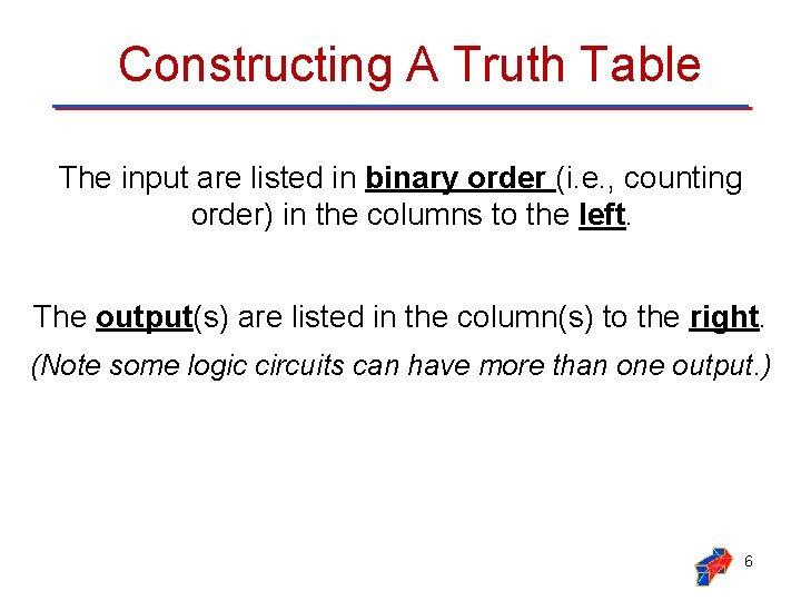 Constructing A Truth Table The input are listed in binary order (i. e. ,